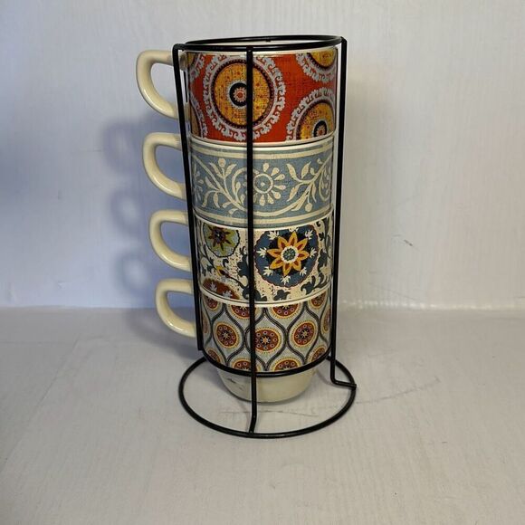 Lot of 4 Pier 1 Imports Ceramic Stackable Mugs Hand Painted Cup w/ Metal Holder - Picture 1 of 6